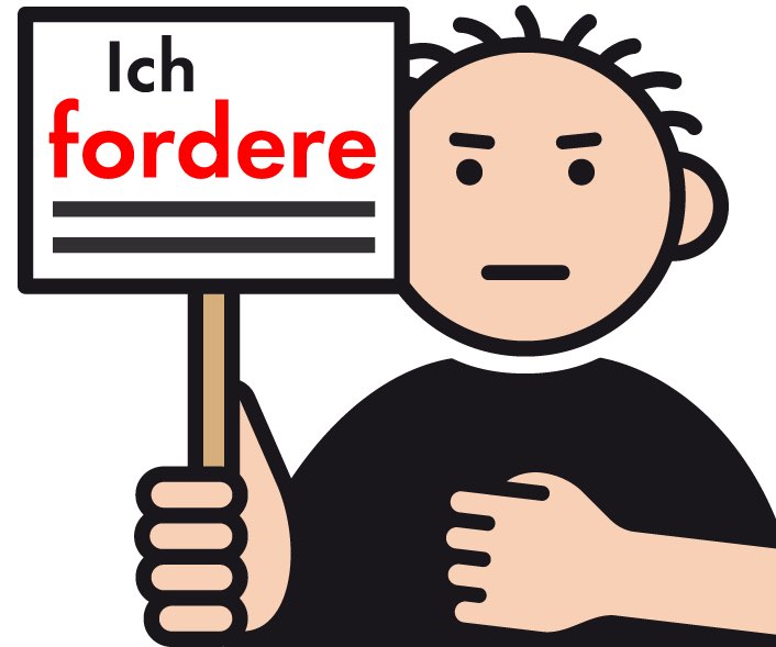 Ein Piktogramm einer Person, die mit einem Plakat demonstriert. Auf dem Plakat steht "Ich fordere".